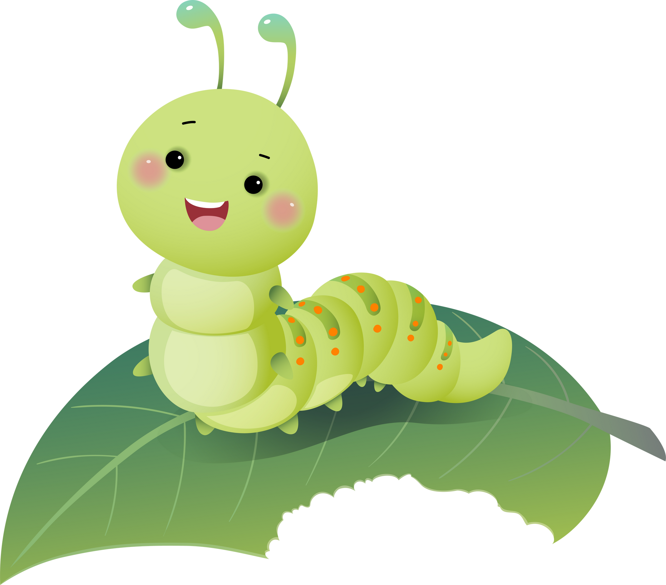 Cartoon caterpillar chewing green leaf